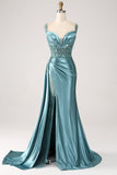 Sparkly Champagne Mermaid Corset Sequins Satin Prom Dress with Slit