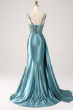 Sparkly Champagne Mermaid Corset Sequins Satin Prom Dress with Slit