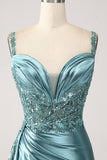 Sparkly Champagne Mermaid Corset Sequins Satin Prom Dress with Slit