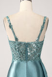 Sparkly Champagne Mermaid Corset Sequins Satin Prom Dress with Slit