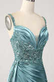 Sparkly Champagne Mermaid Corset Sequins Satin Prom Dress with Slit