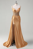 Sparkly Champagne Mermaid Corset Sequins Satin Prom Dress with Slit