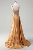 Sparkly Champagne Mermaid Corset Sequins Satin Prom Dress with Slit