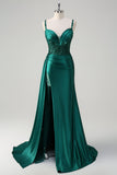 Sparkly Champagne Mermaid Corset Sequins Satin Prom Dress with Slit