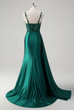 Blue Mermaid V-Neck Satin Long Appliques Sequin Prom Dress With Slit