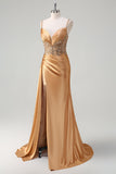 Sparkly Champagne Mermaid Corset Sequins Satin Prom Dress with Slit