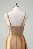 Sparkly Champagne Mermaid Corset Sequins Satin Prom Dress with Slit