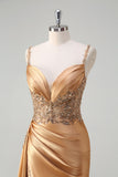 Sparkly Champagne Mermaid Corset Sequins Satin Prom Dress with Slit