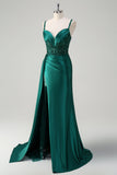 Blue Mermaid V-Neck Satin Long Appliques Sequin Prom Dress With Slit