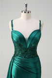 Sparkly Champagne Mermaid Corset Sequins Satin Prom Dress with Slit