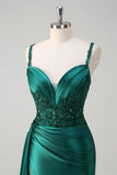 Sparkly Champagne Mermaid Corset Sequins Satin Prom Dress with Slit