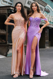 Off the Shoulder Mermaid Corset Champagne Sequined Prom Dress