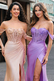 Off the Shoulder Mermaid Corset Champagne Sequined Prom Dress