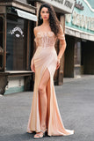 Off the Shoulder Mermaid Corset Champagne Sequined Prom Dress