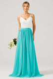 Ivory A-Line Spaghetti Straps Pleated Long Bridesmaid Dress With Lace