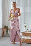 Dusty Rose Satin Irregular Sheath Long Bridesmaid Dress