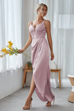 Dusty Rose Satin Irregular Sheath Long Bridesmaid Dress