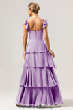 Lilac A-Line Off the Shoulder Sweetheart Tiered Bridesmaid Dress