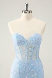 Light Blue Corset Sequins Sweetheart Short Tight Prom Dress with Lace-up Back