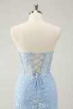 Light Blue Corset Sequins Sweetheart Short Tight Prom Dress with Lace-up Back