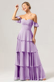 Lilac A-Line Off the Shoulder Sweetheart Tiered Bridesmaid Dress