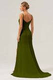 Dark Green Mermaid Spaghetti Straps Sweep Train Bridesmaid Dress with Slit