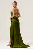 Dark Green Mermaid Satin Sweep Train Bridesmaid Dress with Slit