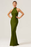 Elegant Dusty Sage Halter Sleeveless Mermaid Bridesmaid Dress