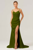 Dark Green Mermaid Spaghetti Straps Sweep Train Bridesmaid Dress with Slit