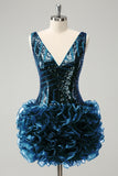 Sparkly Navy V Neck Sequins Prom Dress with Detachable Ruffles