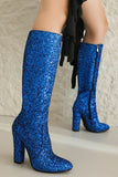 Blue Sequined Chunky-heeled Boots