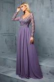 Grey Purple V Neck Illusion Neckline Chiffon A Line Bridesmaid Dress