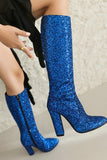 Blue Sequined Chunky-heeled Boots