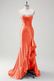 Orange Sweetheart Corset Mermaid Ruffled Prom Dress with Slit