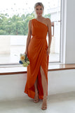 Rust One Shoulder Satin Long Asymmetrical Bridesmaid Dress