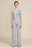 Grey Long Sleeves 2 Piece Mother of the Bride Pant Suits