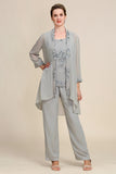 Women Grey 3 Piece Mother of the Bride Pant Suits with Lace