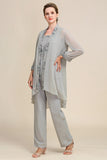 Women Grey 3 Piece Mother of the Bride Pant Suits with Lace