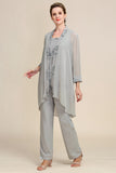 Women Grey 3 Piece Mother of the Bride Pant Suits with Lace