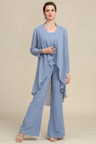 Grey Blue Long Sleeves 3 Piece Mother of the Bride Pant Suits