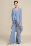 Grey Blue Long Sleeves 3 Piece Mother of the Bride Pant Suits