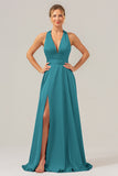 Peacock A Line Lace-Up Back Satin Bridesmaid Dress with Slit