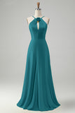 Terracotta Halter Keyhole Backless A Line Bridesmaid Dress with Flower