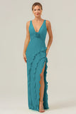 Peacock V Neck Ruffled Backless Bridesmaid Dress with Slit