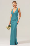 Peacock Front Twist Mermaid Satin Bridesmaid Dress with Bow