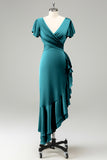 Eucalyptus V Neck Satin Sheath Asymmetrical Wedding Guest Dress with Bowknot