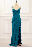 Lilac Sheath Spaghetti Straps Long Bridesmaid Dress with Ruffles