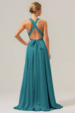 Peacock A Line Lace-Up Back Satin Bridesmaid Dress with Slit