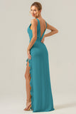 Peacock V Neck Ruffled Backless Bridesmaid Dress with Slit