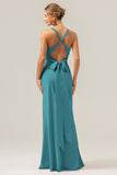 Peacock Front Twist Mermaid Satin Bridesmaid Dress with Bow